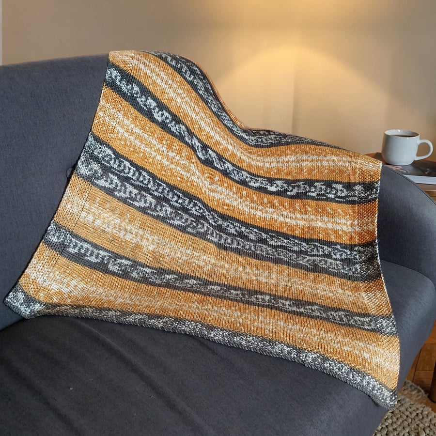 Hand knitted baby blanket yellow grey Fair Isle pram throw neutral gift