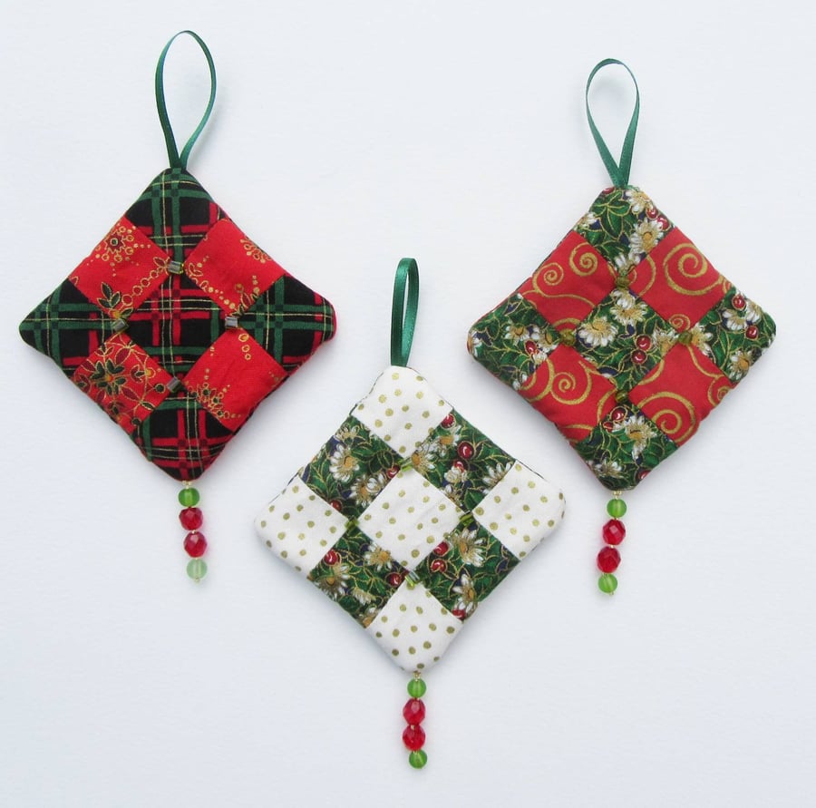 Set of 3 Beaded Patchwork Tree Decorations