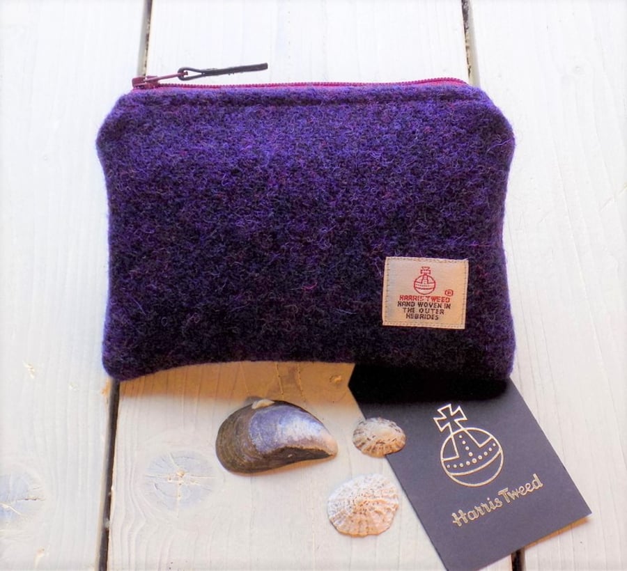 Harris Tweed large coin purse, gadget pouch in deep purple