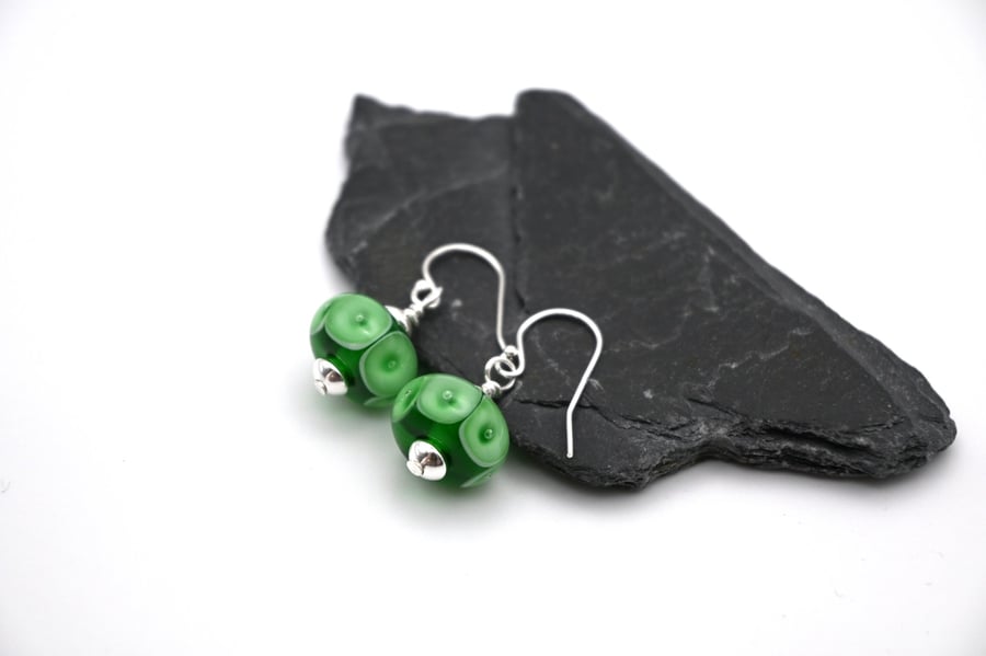green bubble lampwork glass earrings