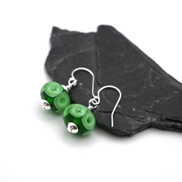 green bubble lampwork glass earrings