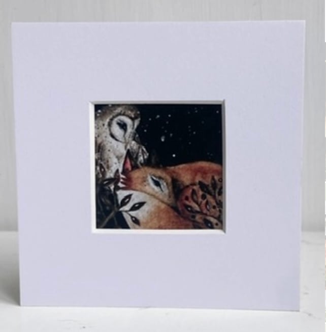 Mounted ACEO Whimsical Owl Watching over a Resting Fox  Watercolour Edition