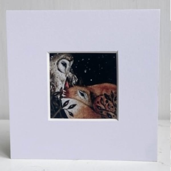 Mounted ACEO Whimsical Owl Watching over a Resting Fox  Watercolour Edition