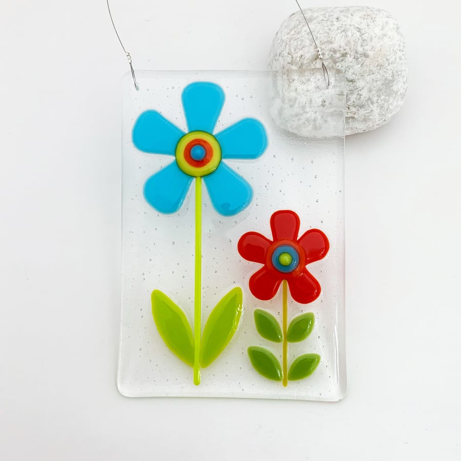 Fused Glass Retro Flowers Hanging - Handmade Fused Glass Suncatcher
