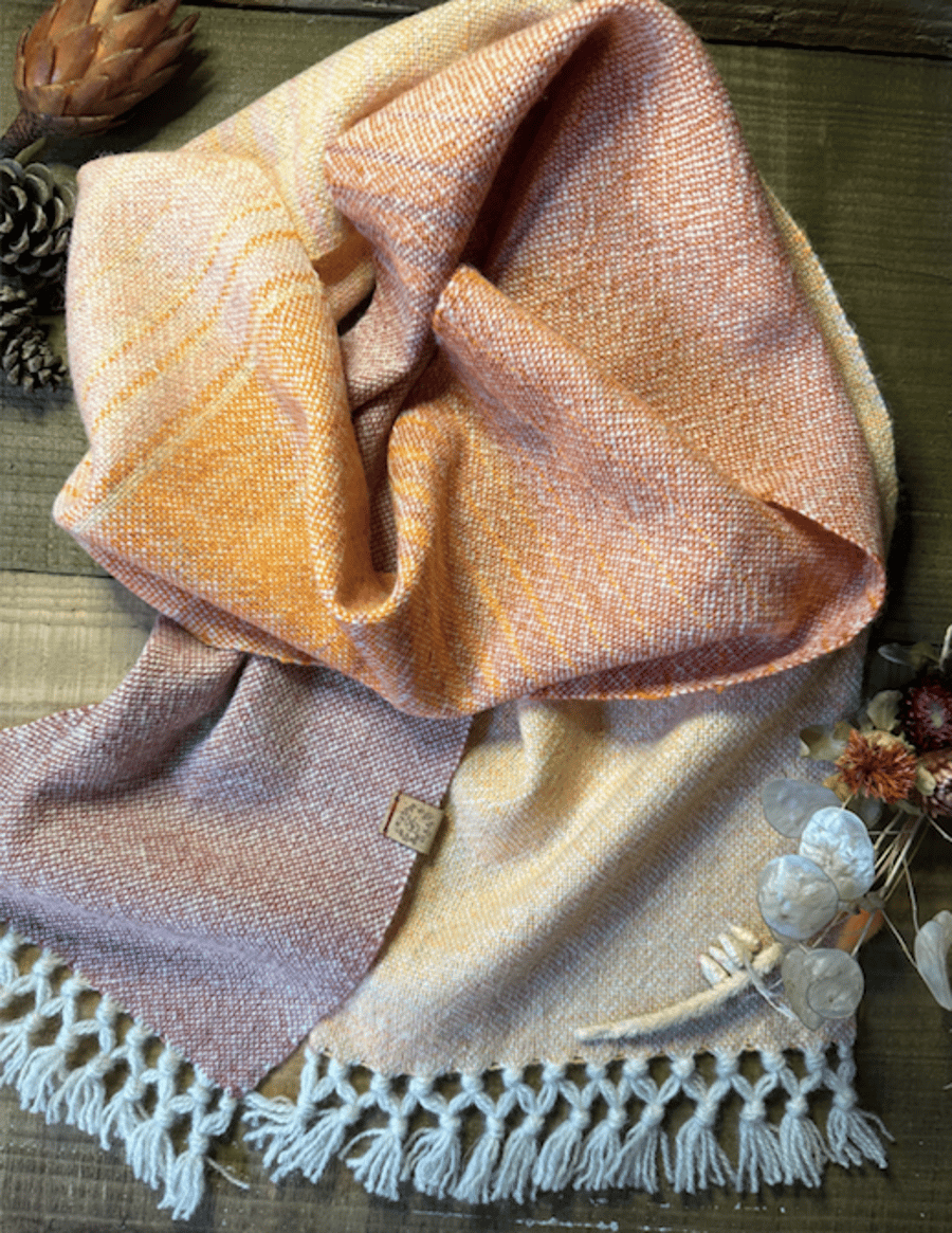 British Wool Scarf in Graduating Shades of Orange, Hand Dyed & Hand Woven
