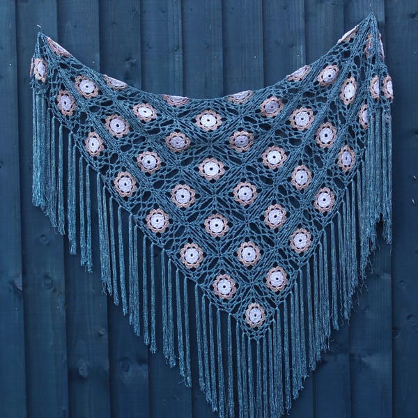 Crochet triangular shawl in sparkly silver, pink mix & teal - design LF433