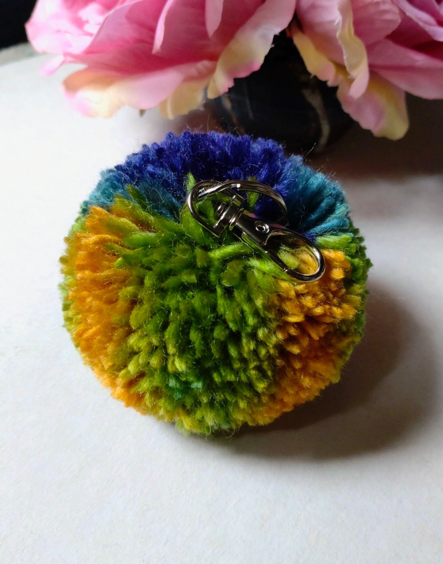 Wool Pompom Bag Charm, Fluffy Pompom Keyring, 7cm, Gift Idea.