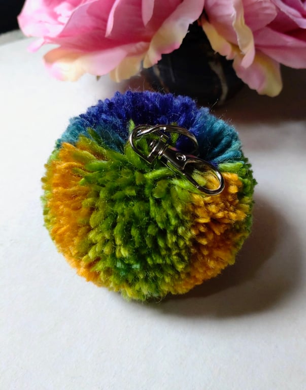 Wool Pompom Bag Charm, Fluffy Pompom Keyring, 7cm, Gift Idea.