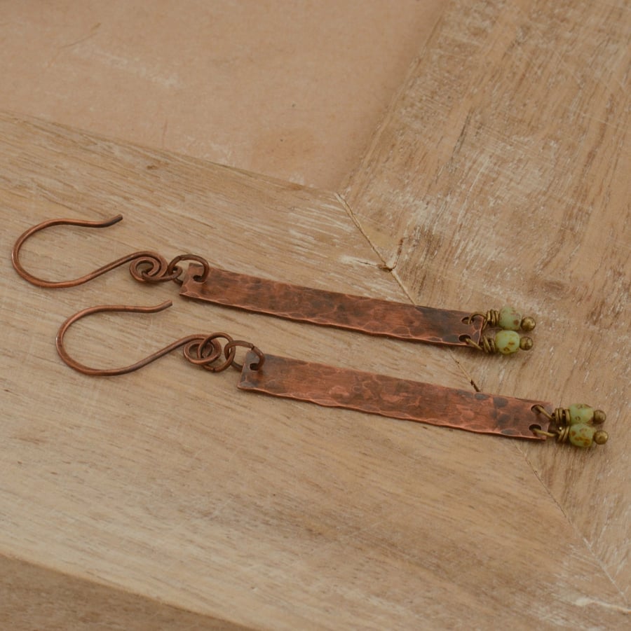 Handmade Hammered Copper Rectangle Earrings with Czech Beads
