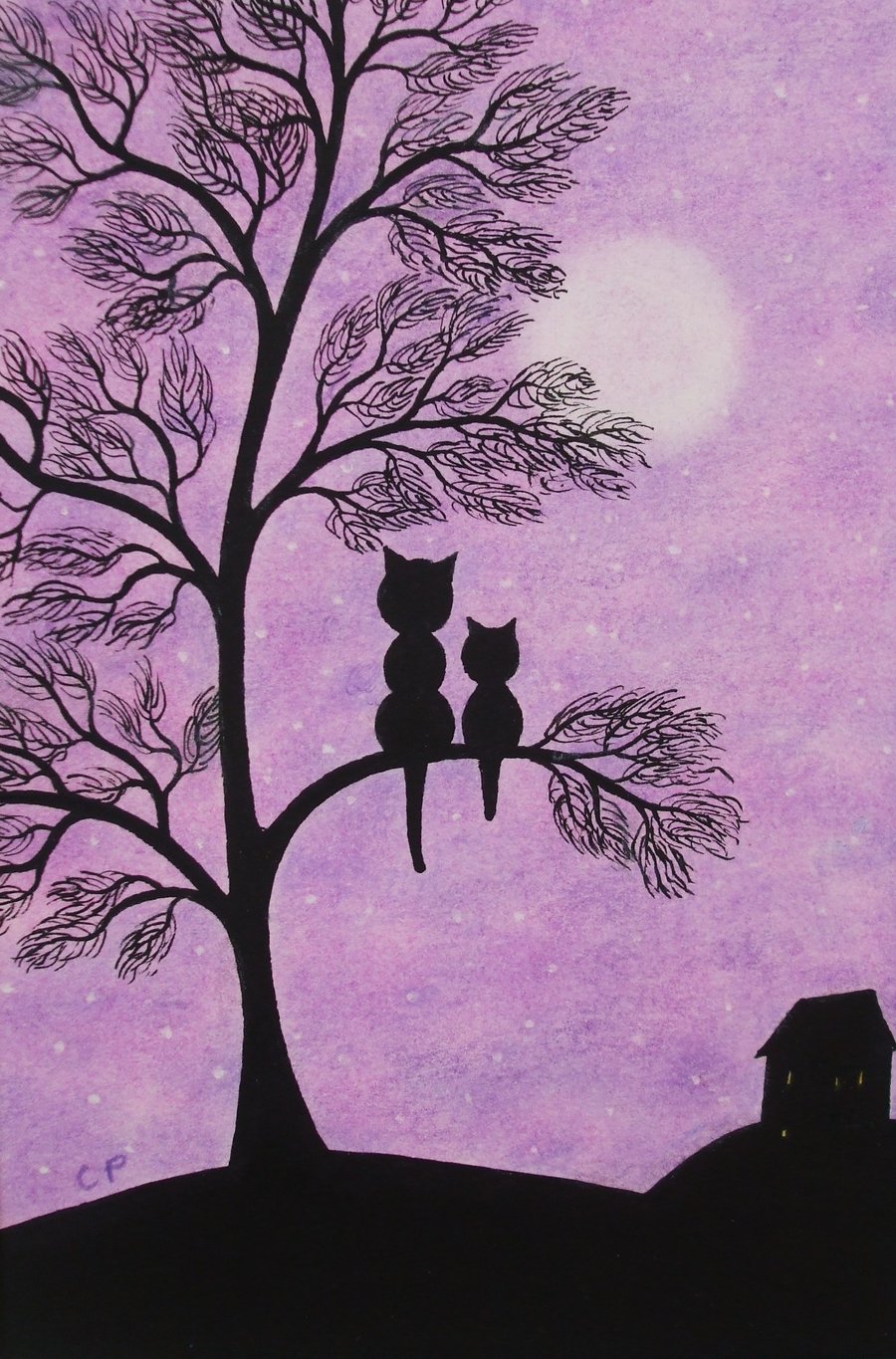 Cat Card, Purple Tree Card, Mother Daughter Card, Black Cats Moon Card, Baby Cat