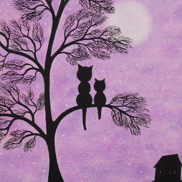 Cat Card, Purple Tree Card, Mother Daughter Card, Black Cats Moon Card, Baby Cat
