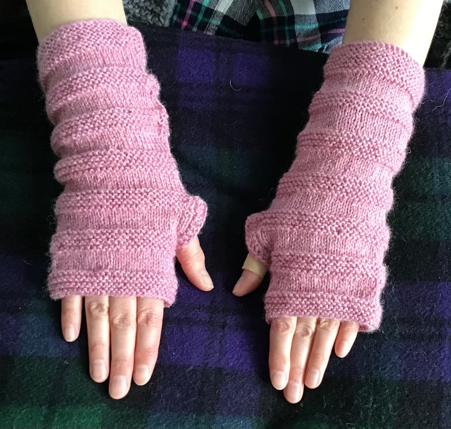Hand knitted, Pink Fingerless Mitts, Wrist Warmers, 