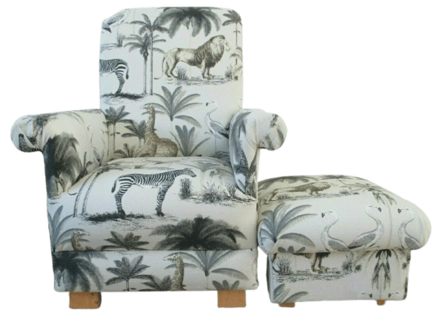 Adult Chair & Footstool Prestigious Longleat Safari Animals Grey Armchair Lions 
