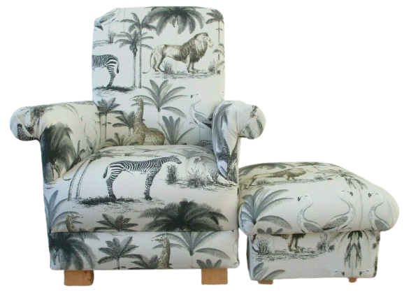 Adult Chair & Footstool Prestigious Longleat Safari Animals Grey Armchair Lions 