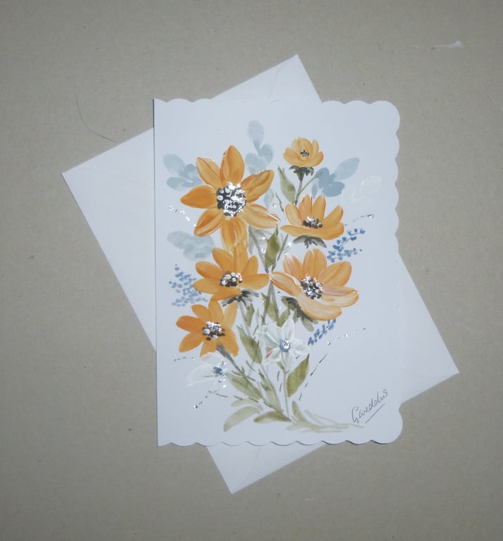 hand painted original art floral greetings card ( ref FA 160 B3 )