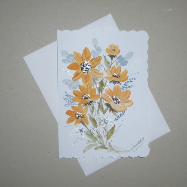 hand painted original art floral greetings card ( ref FA 160 B3 )