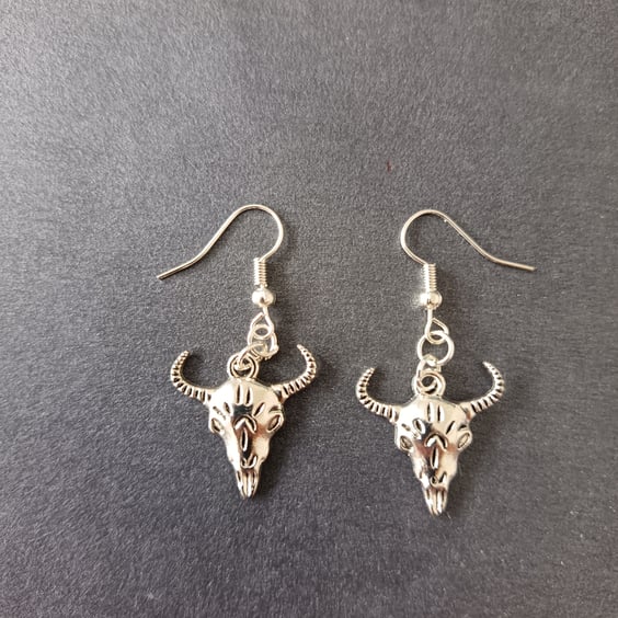 Silver goat skull charm dangle earrings