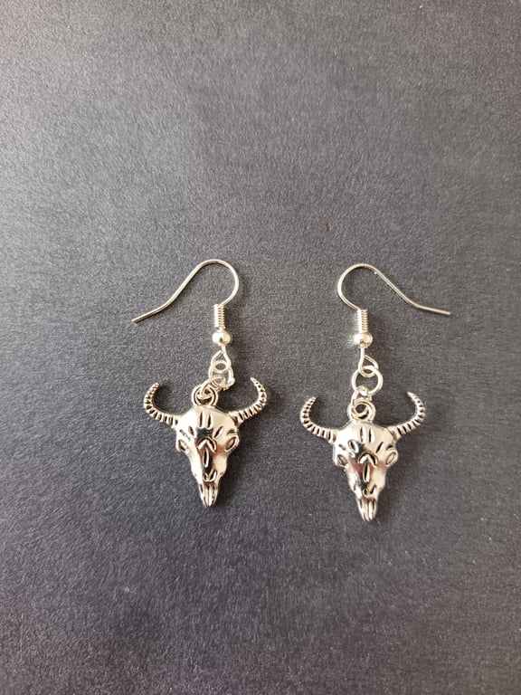 Silver goat skull charm dangle earrings