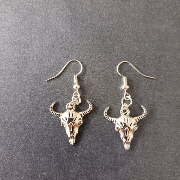 Silver goat skull charm dangle earrings