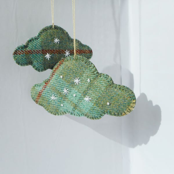 2 cloud shaped hand embroidered hanging ornaments, green check wool