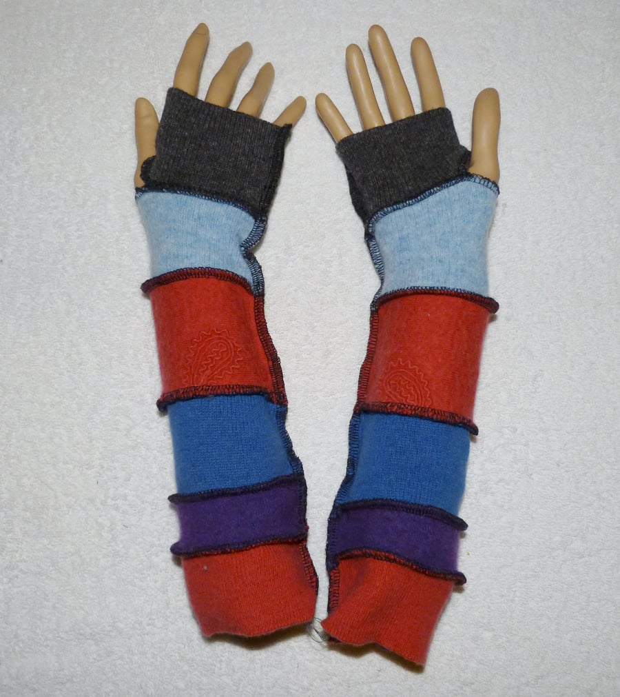 Upcycled Wool Sweater Fingerless Gloves In Greys Pink Purple and Blues