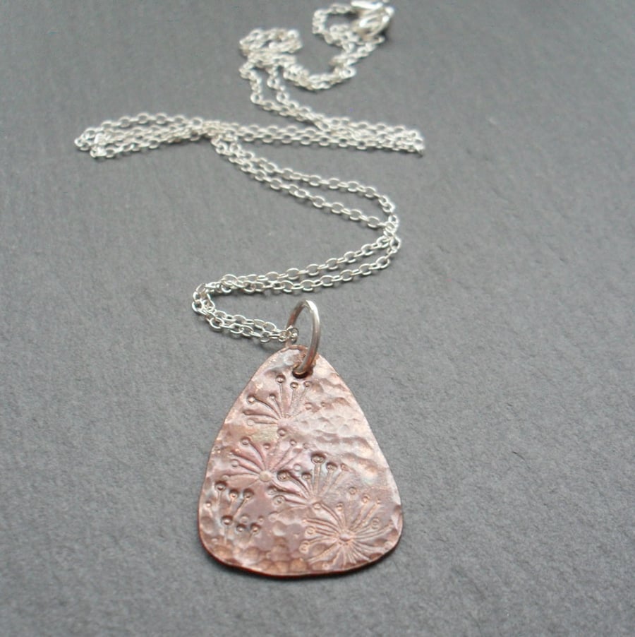 Dandelion Copper Drop Pendant With Sterling Silver Chain Vintage Style