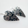 Black charcoal heart earrings with printed flowers