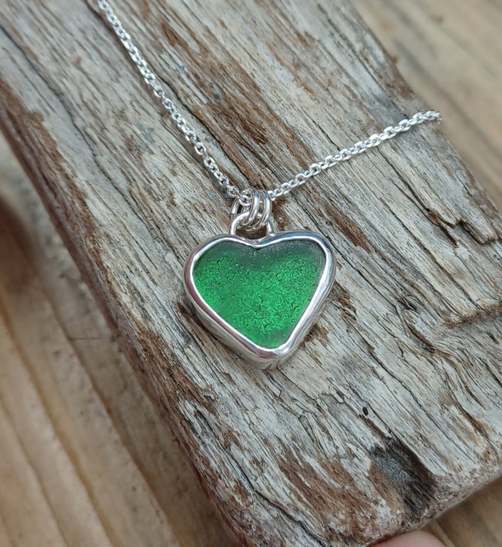 Sea glass heart necklace, pendant, green 