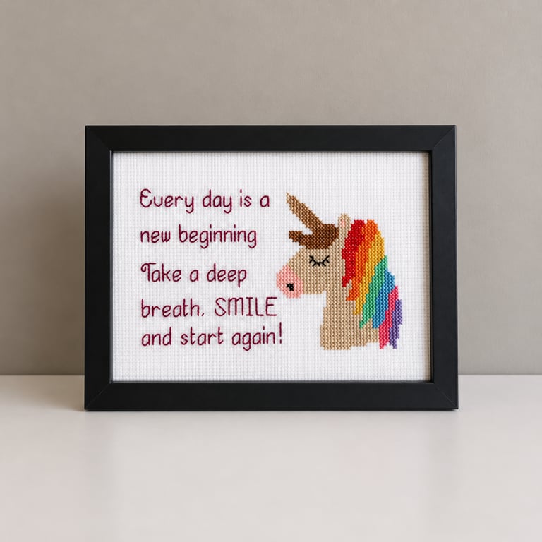 Unicorn Cross Stitch – Every Day Is a New Beginning – Inspirational Framed Gift 