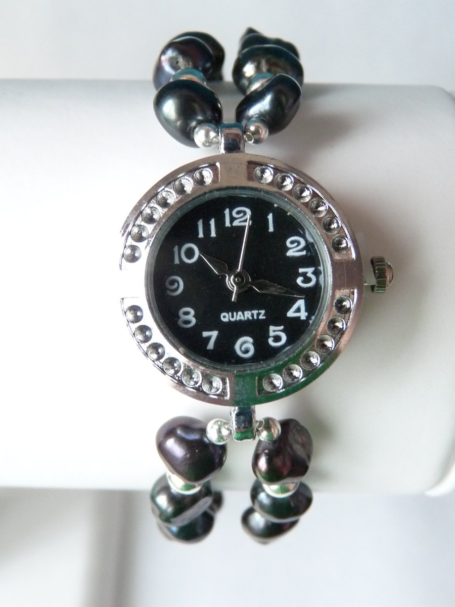 Black Baroque Freshwater Pearl Bracelet Style Watch - Handmade - Genuine Pearl