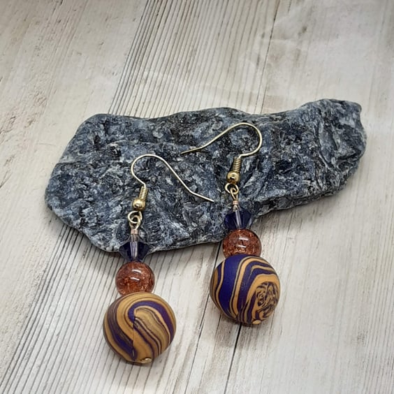 Purple and gold swirl polymer clay earrings