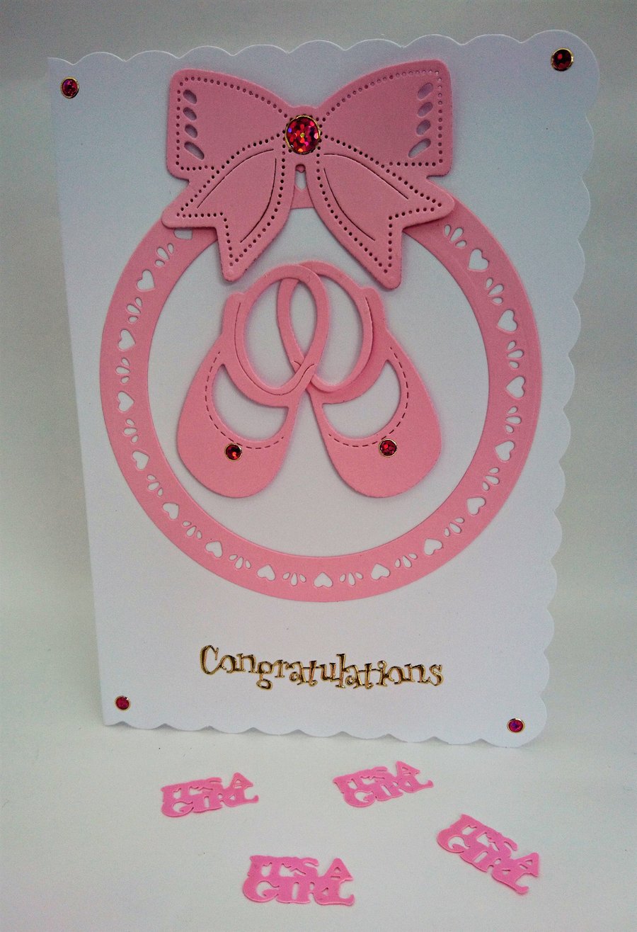 Newborn Baby Girl Card, Pink Shoes,Pink Bow, Circle Hearts FREE P&P to UK