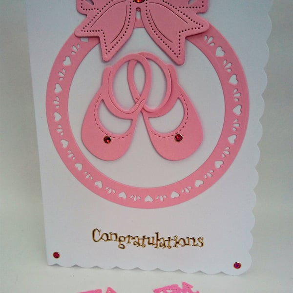 Newborn Baby Girl Card, Pink Shoes,Pink Bow, Circle Hearts FREE P&P to UK