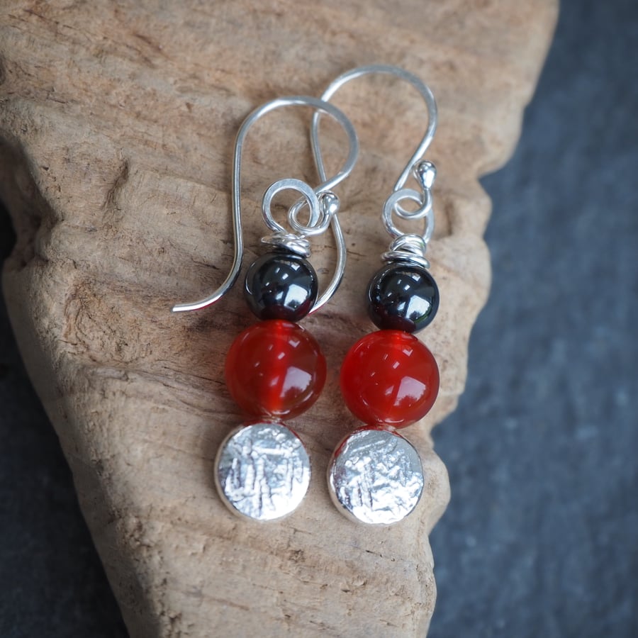 Earrings, Carnelian, Hematite and Silver Pebble, Dangle Drop Earrings