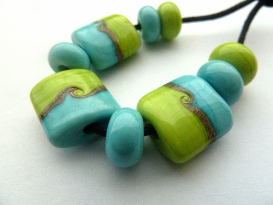 lampwork glass beads, turquoise and green