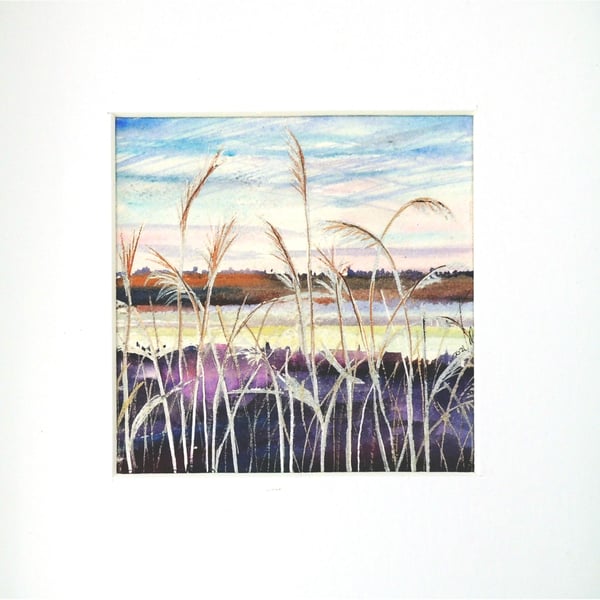 Landscape Fen Watercolour  Cambridge Fine Art Square Painting Reeds at Dusk 
