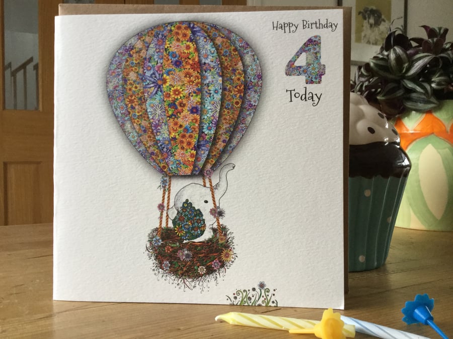 ‘Up in my balloon’ age 4 Birthday card (Baby Elephant)
