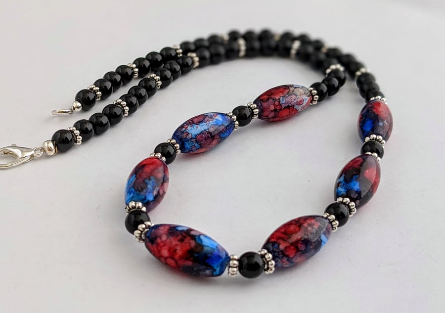 Pink and blue Wild Orchid oval glass bead necklace - 1002456