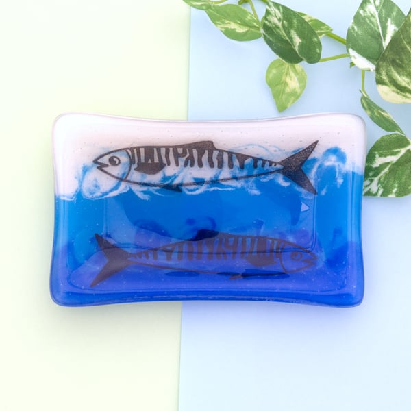Blue Mackerel Fish Fused Glass Trinket Soap Dish 