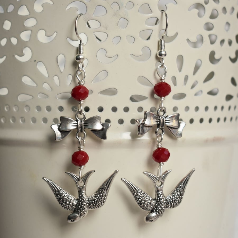 Swallow and Bow Earrings With Deep Red Glass Beads