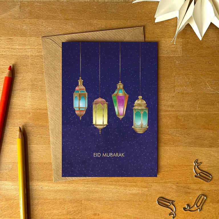 Eid Mubarak Greetings Card – Hand-Drawn Middle Eastern Lanterns Design
