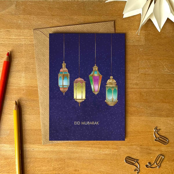 Eid Mubarak Greetings Card – Hand-Drawn Middle Eastern Lanterns Design