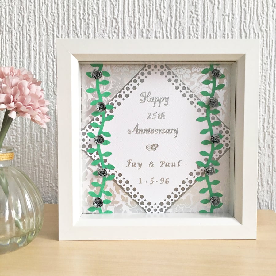 Silver wedding anniversary box frame - personalised gift - quilled roses