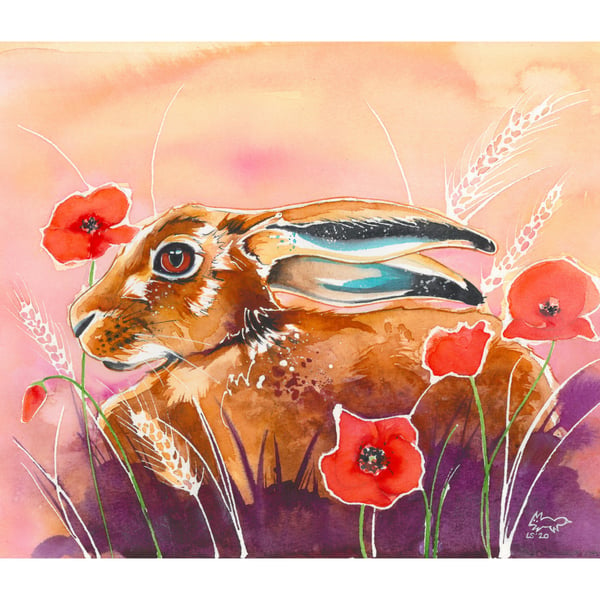 A5 print Hare in Poppies