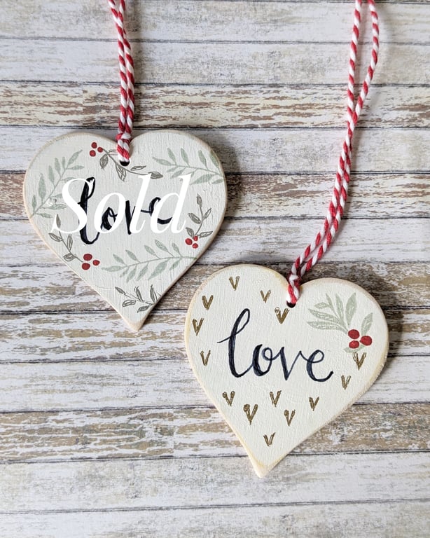 Hand Painted Wooden Heart Hanging Decoration 'Love'