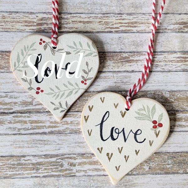 Hand Painted Wooden Heart Hanging Decoration 'Love'