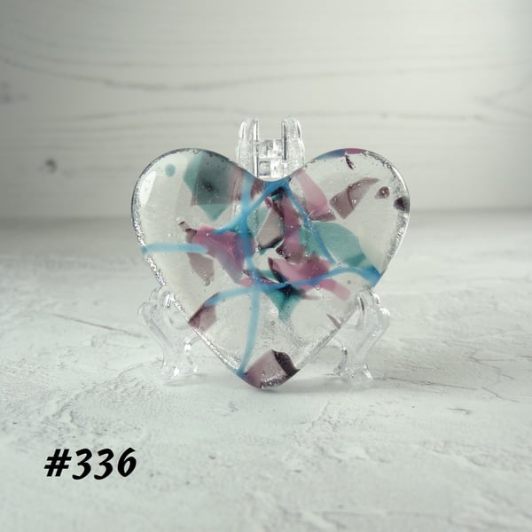 Pink purple blue heart fused glass pocket hug with stand 5x4.5cm (336)