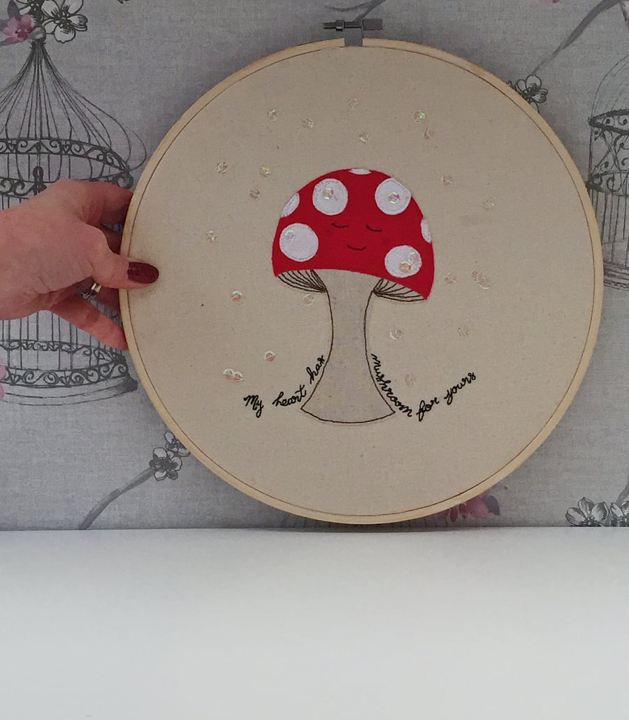 Embroidered Toadstool Hoop Art 