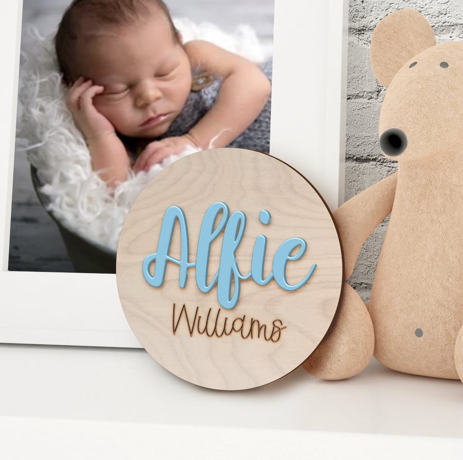 Birch Wood Baby Name Disc with Raised Name. Photo Prop, Door Plaque or Keepsake