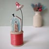 Little House on a Vintage Wood Bobbin with Clay Toadstool